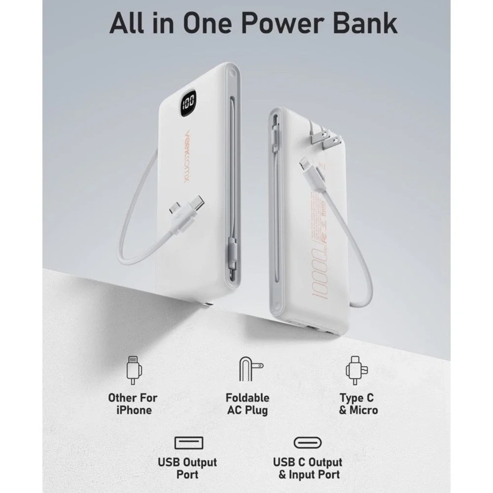 Veektomx VT105 Power Bank 10000mAh White LED Display Type C Micro USB iPhone NIB
